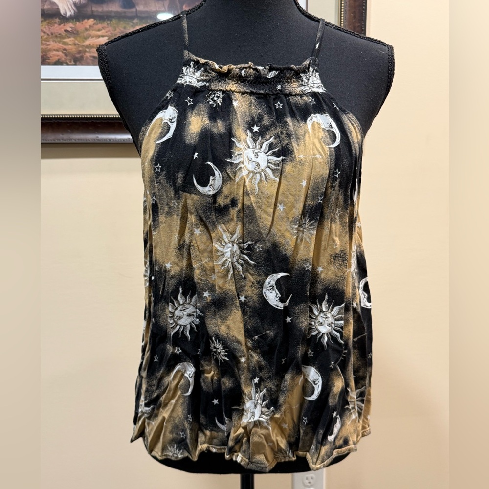 Sun and Moon Print Halter Top - Black and Tan